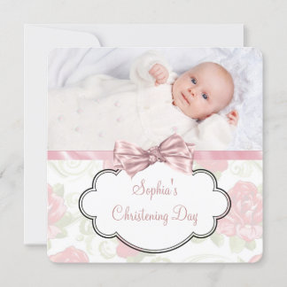 Invitation Bébé Fille Rose Rose Photo Christening