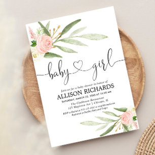 Invitation Bébé fille rousse rose or verdure feuille élégant