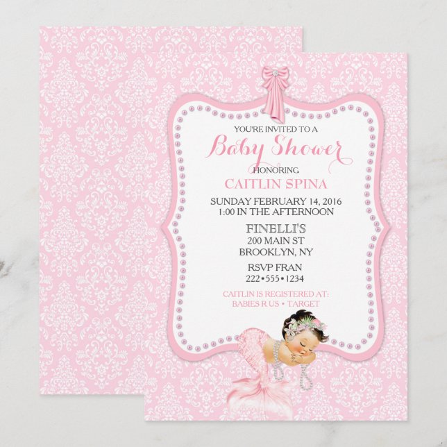 Invitation Bébé Fille Sirène Princesse Couronne Damas (Devant / Derrière)