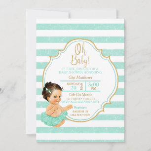 Invitation Bébé fille tutu menthe rayures paillettes or