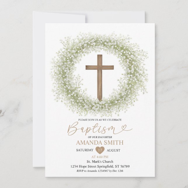 Invitation Bébé Fleur sauvage blanc Le souffle Bois Croix Bap (Devant)