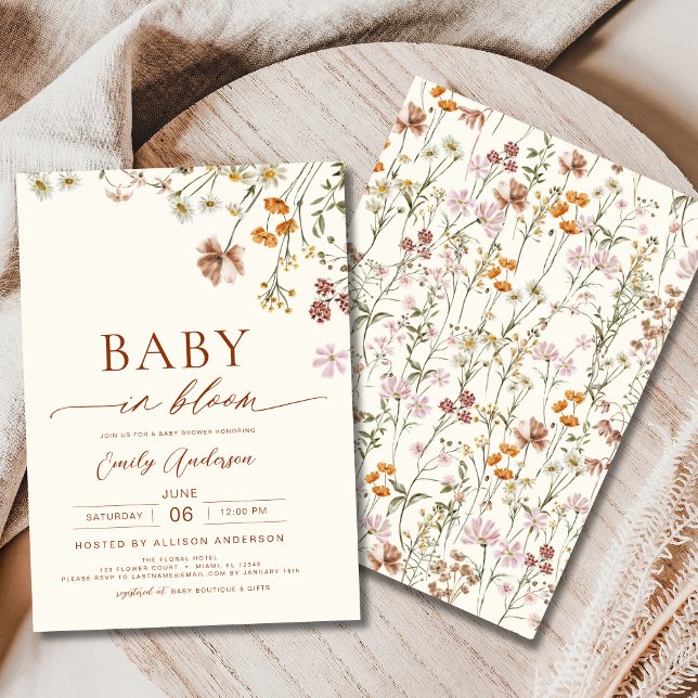 Invitation Bébé fleur sauvage en Fleur Baby shower Beige (Créateur téléchargé)
