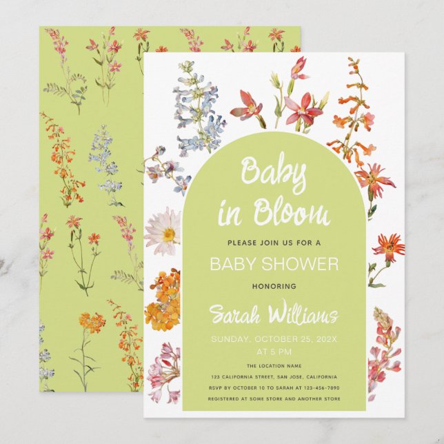 Invitation Bébé fleur sauvage en Fleur Douche Arc vert Floral (Devant / Derrière)