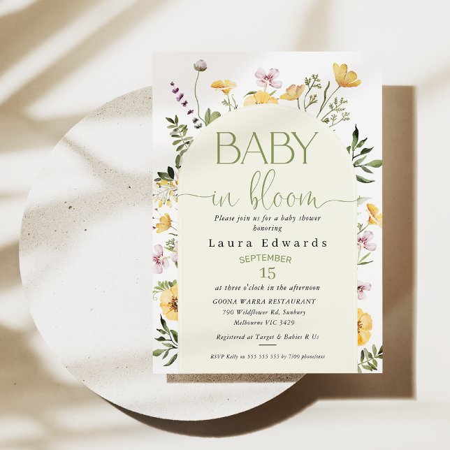 Invitation Bébé Fleur sauvage Jaune Dans Le Baby shower Fleur (Gender neutral wildflower baby in bloom baby shower invitation. Modern arch wildflowers baby shower)