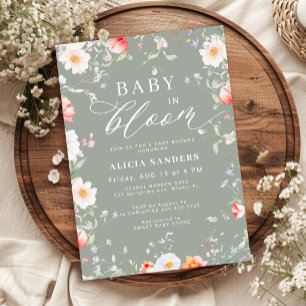 Invitation Bébé fleur sauvage verte sauge en fleurs shower bé