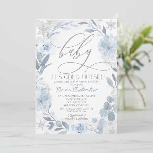 Invitation Bébé floral bleu Il fait froid à l'extérieur du Ba (Debout devant)