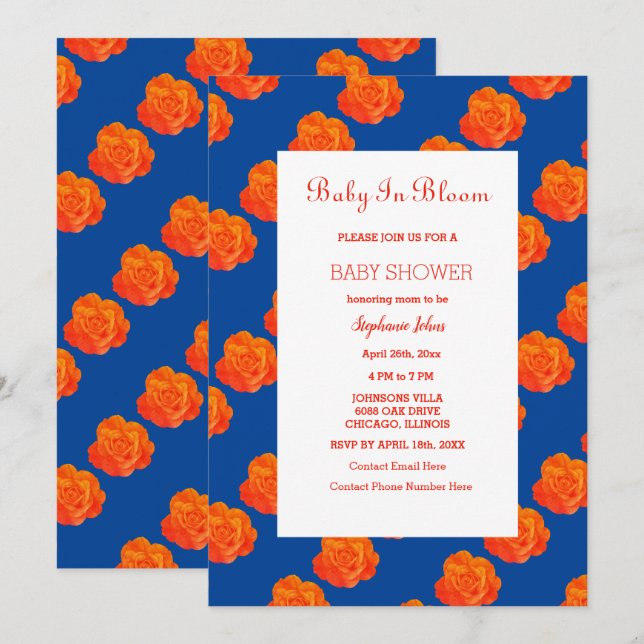 Invitation Bébé Floral En Fleur Baby shower Bleu Marine Orang (Devant / Derrière)