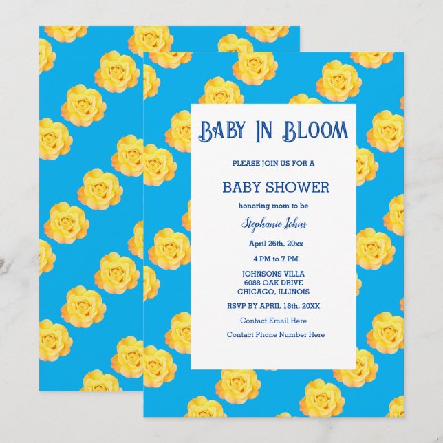 Invitation Bébé Floral En Fleur Baby shower Jaune Bleu Cute (Devant / Derrière)