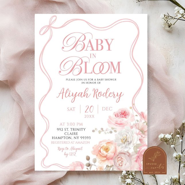 Invitation Bébé floral rose en fleurs dans le Baby shower en  (Créateur téléchargé)