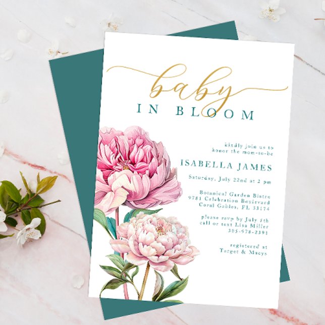 Invitation Bébé Floral Rose & Or En Fleur Douche Fleur (Baby In Bloom Floral Invitation)