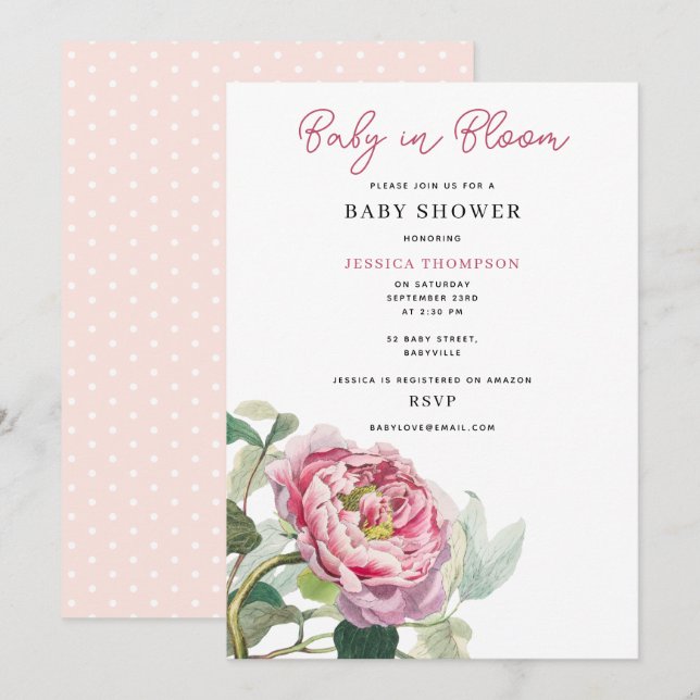 Invitation Bébé floral rose rose moderne dans le Baby shower  (Devant / Derrière)