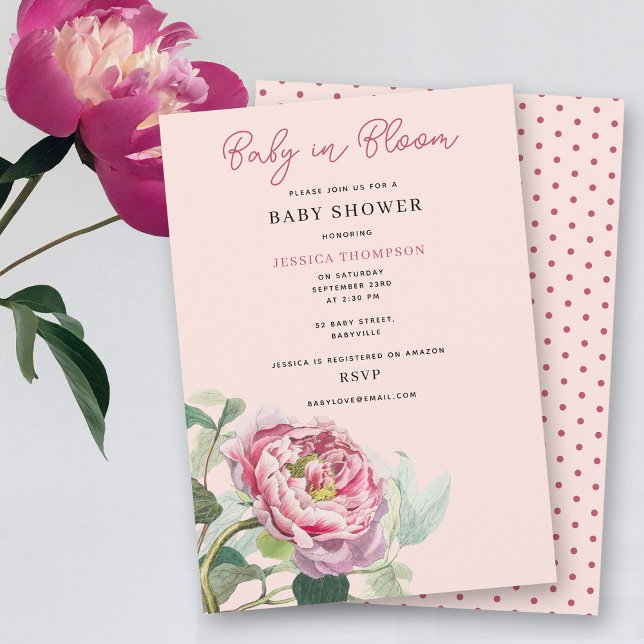Invitation Bébé floral rose rose moderne dans le Baby shower  (Modern Blush Pink Floral Baby in Bloom Baby Shower Invitation)