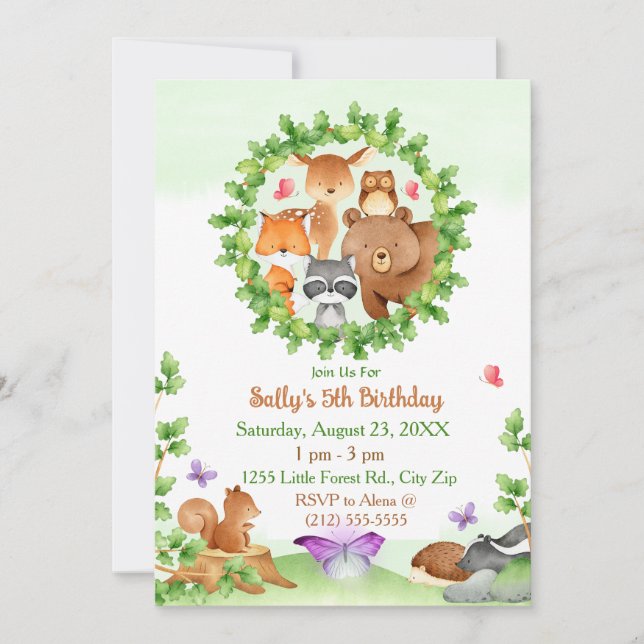 Invitation Bébé Forêt Animaux Ours Raccoon Écureuil Anniversa (Devant)