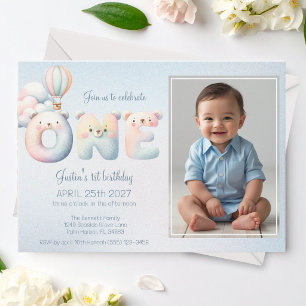 Invitation Bébé garçon 1er anniversaire nounours ballon photo
