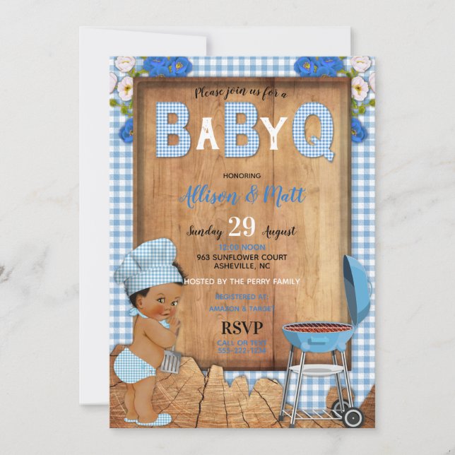 Invitation Bébé Garçon Bleu En vichy Fleurs de bois Bébé Q Ba (Devant)