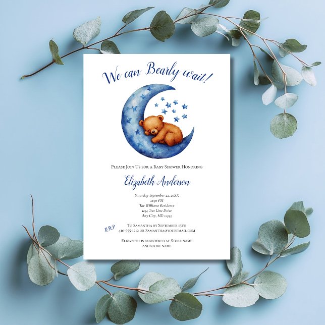 Invitation Bébé Garçon Bleu Ours Lune Baby shower d'attente p (Baby Boy Baby Shower invitation, We Can Bearly Wait, Baby Bear in Blue Moon with Stars)