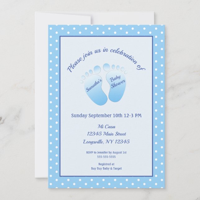 Invitation Bébé Garçon bleu pieds Baby shower Polka Dot (Devant)