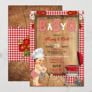 Invitation Bébé garçon carreaux rouges fleurs en bois bébé Q