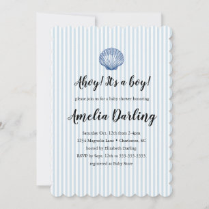 Invitation Bébé garçon coquillage bleu Baby Shower Rayure