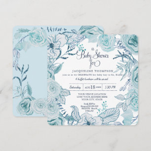 Invitation Bébé Garçon Douche Aquarelle bleu Foliage
