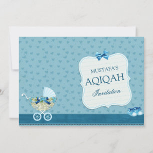 Invitation Bébé Garçon élégant dans un Landau Bleu pour Aqiqa