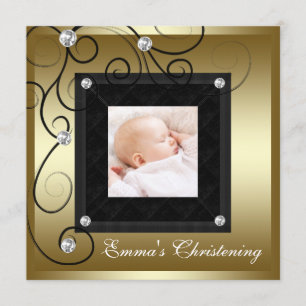 Invitation Bébé garçon fille or noir photo baptême