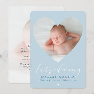 Invitation BÉBÉ GARÇON introduction photo cadre coeur bleu pâ