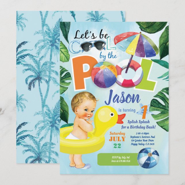 Invitation Bébé garçon premier anniversaire piscine fête trop (Devant / Derrière)