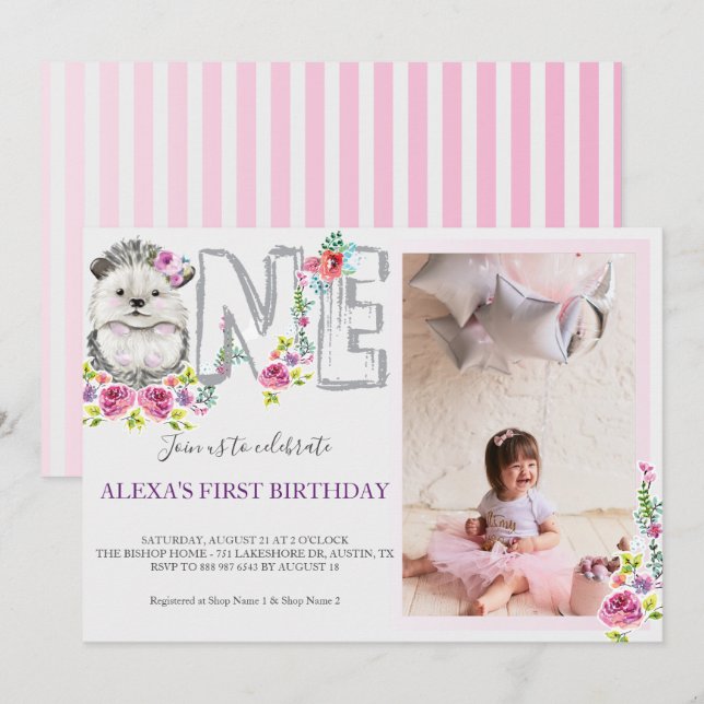 Invitation Bébé Hérisson un anniversaire (Devant / Derrière)