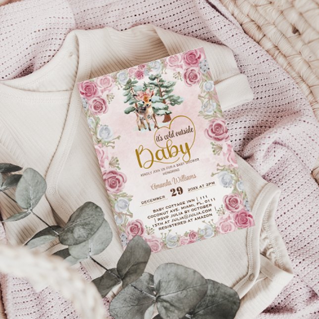 Invitation Bébé Il fait froid Cerf Floral Bébé Fille Douche (Créateur téléchargé)