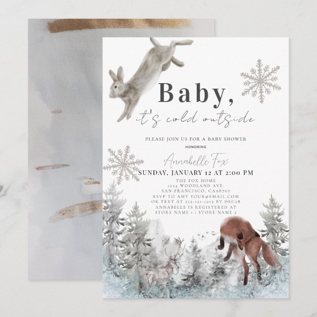 Invitation Bébé Il fait froid dehors Baby shower d'animaux d' (Devant / Derrière)