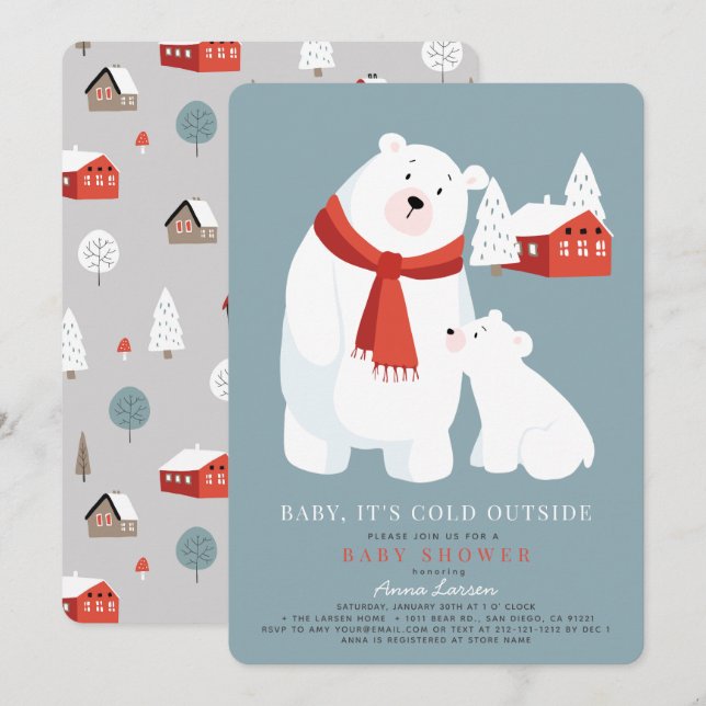 Invitation Bébé Il fait froid dehors Baby shower d'ours polai (Devant / Derrière)