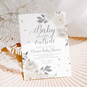 Invitation Bébé il fait froid dehors Baby Shower Fleurs Argen