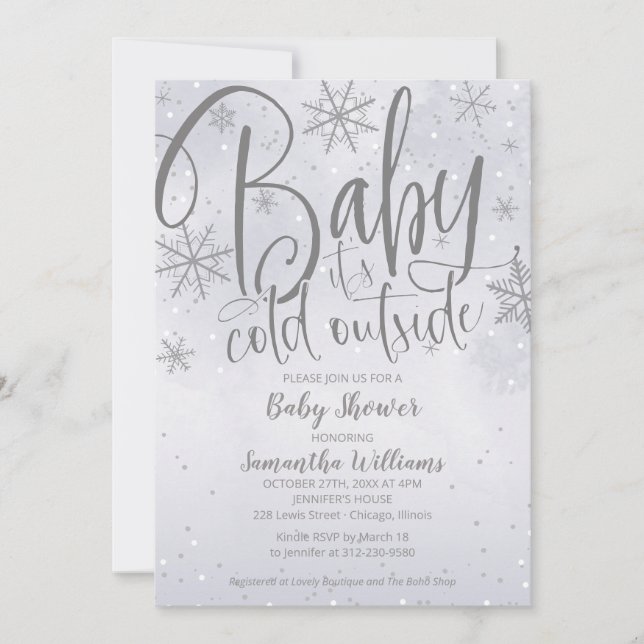 Invitation Bébé Il fait froid dehors Baby shower gris argent  (Devant)