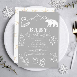 Invitation Bébé Il fait froid dehors Baby shower gris dessiné