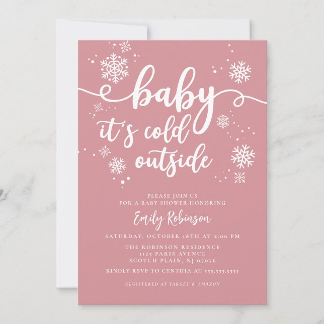 Invitation Bébé Il fait froid dehors | Baby shower rose fille (Devant)