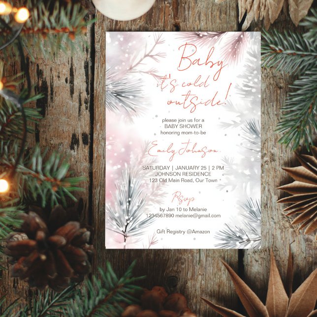 Invitation Bébé il fait froid en dehors du baby shower d'hive (Baby it's cold outside winter baby shower pastel watercolor snowy pines template invitation)