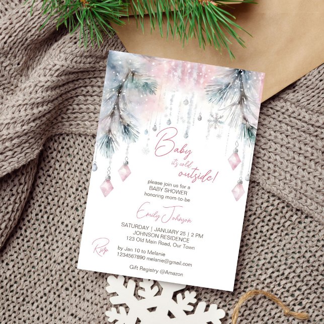 Invitation Bébé il fait froid en dehors du baby shower d'hive (Baby it's cold outside winter baby shower watercolor pastel pink template invitation download)