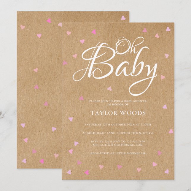 Invitation Bébé joli coeur rose Baby shower Boho rustique (Devant / Derrière)
