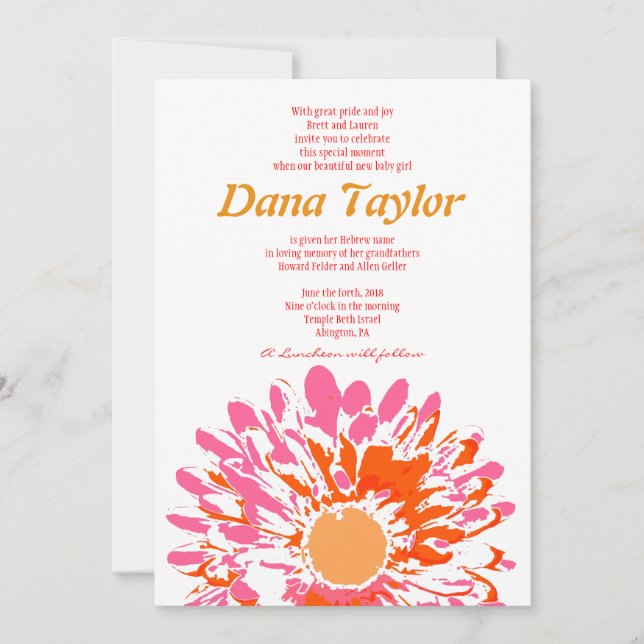Invitation Bébé juif de fleur rose appelant l'hébreu (Devant)