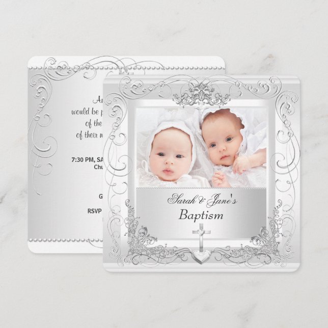 Invitation Bébé jumeau fille garçon Christening Baptême Blanc (Devant / Derrière)
