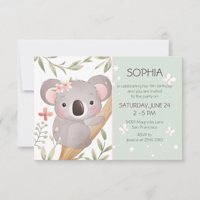 Invitation Bébé Koala sur l'arbre Anniversaire (Devant)