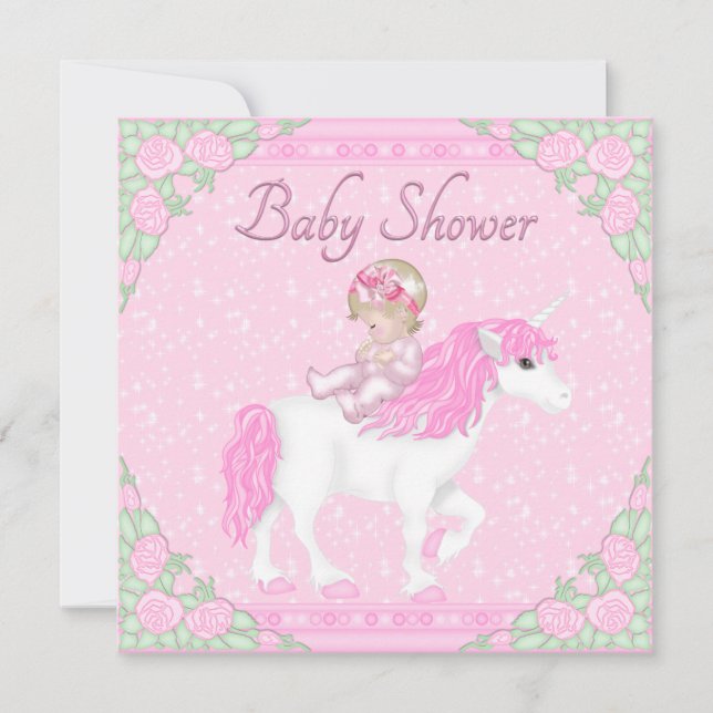 Invitation Bébé, licorne et Baby shower rose Rose (Devant)