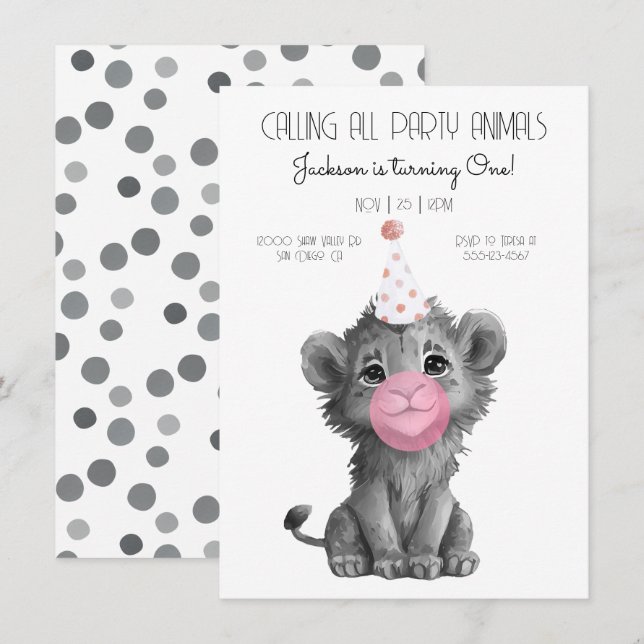 Invitation Bébé Lion Cub noir et blanc Anniversaire (Devant / Derrière)