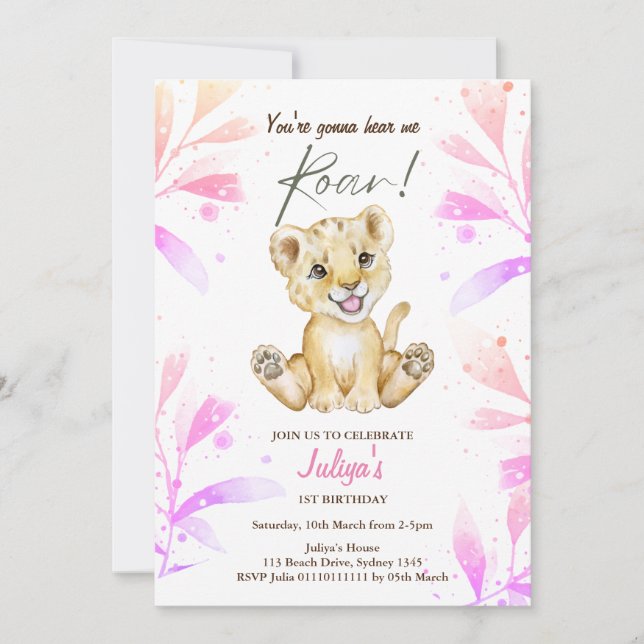 Invitation Bébé lion rugissant bébé fille 1er anniversaire (Devant)