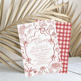 Invitation Bébé Livraison Spéciale Pâtes Rouges Aquarelle Élé