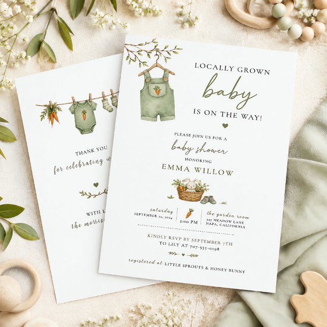 Invitation Bébé Local Croissance Lapin Rustique Modifiable (Locally Grown Baby Rustic Bunny Editable Invitation)