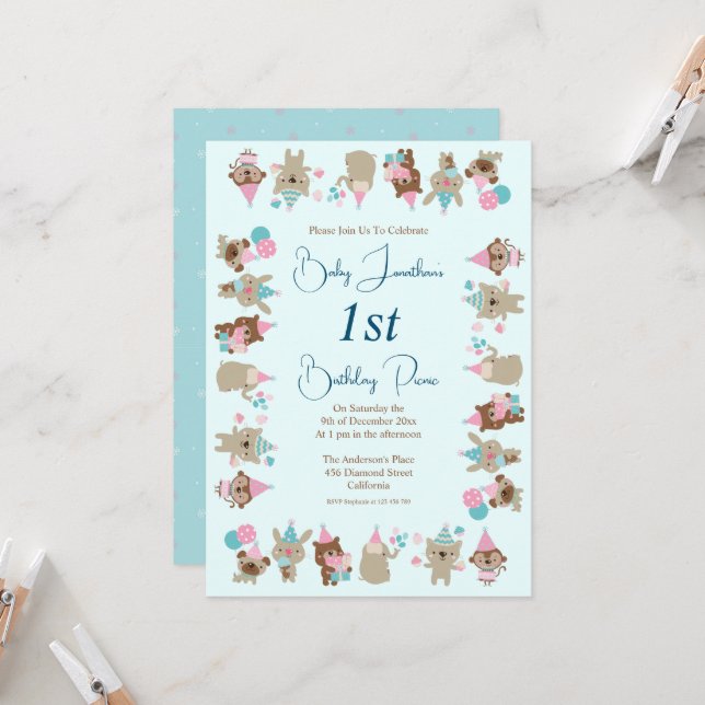 Invitation Bébé mignon Animaux célébrant le 1er anniversaire  (Devant/Arrière en situation)