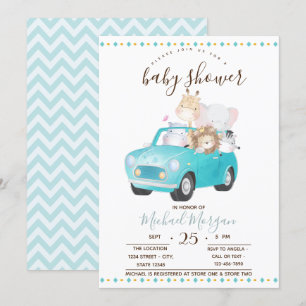 Invitation Bébé mignon Animaux Voiture, Baby shower Zigzag