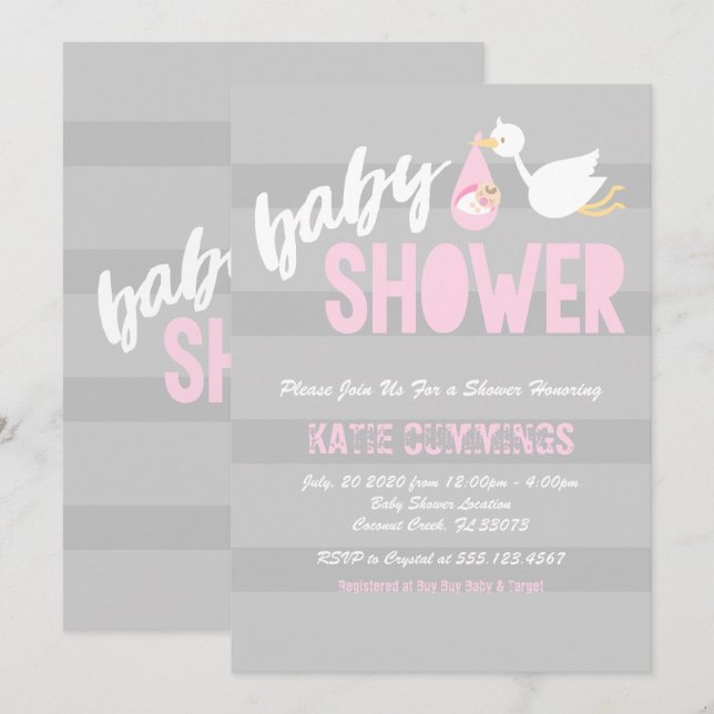 Invitation Bébé mignon avec un Baby shower de cigogne Invitat (Devant / Derrière)